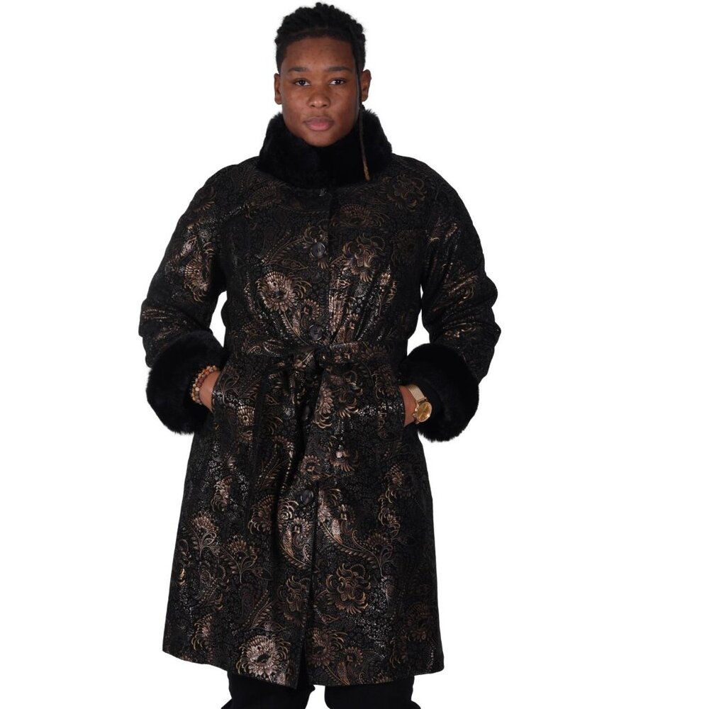 Reversible Cabretta Lamb Leather Bronze Floral Print 38″ Coat